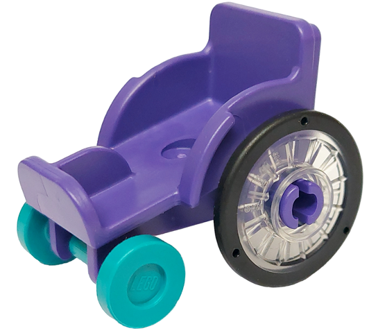 Mini Doll, Utensil Wheelchair with Trans-Clear Wheelchair Wheels with Technic Pin Hole and Dark Turquoise Trolley Wheels (2135 / 80441pb01 / 2496)