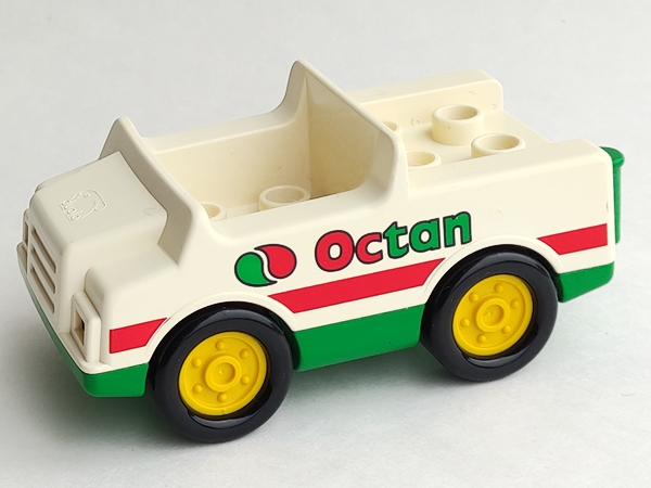 Duplo Car with 2 x 2 Studs and Green Base with Red Stripe and Octan Logo Pattern