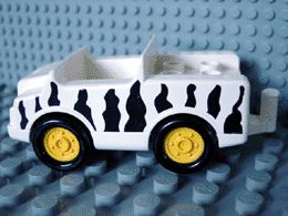 Duplo Car with 2 x 2 Studs and White Base with Yellow Wheels with Black Safari Stripes Pattern
