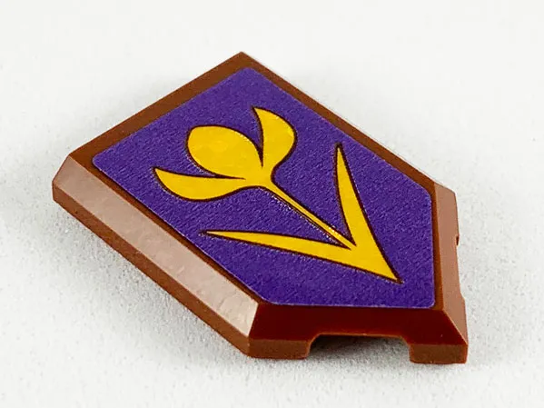 Tile, Modified 2 x 3 Pentagonal with Dark Purple Pentagon and Glittery Bright Light Orange Flower Pattern (Sticker) - Set 41164