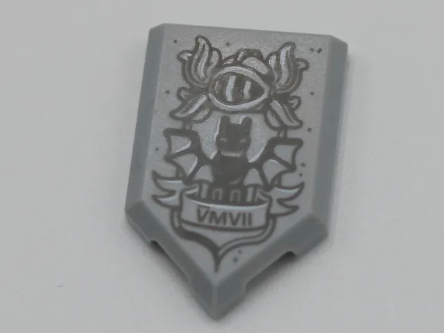 Tile, Modified 2 x 3 Pentagonal with Dark Bluish Gray Helmet, Plumes, Bat and 'VMVII' on Scroll Pattern