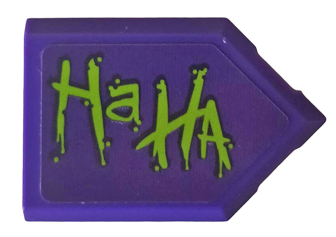 Tile, Modified 2 x 3 Pentagonal with Lime 'Ha HA' Pattern Model Left Side (Sticker) - Set 76159
