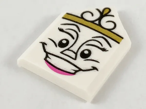 Tile, Modified 2 x 3 Pentagonal with Gold Crown, Female Face and Dark Pink Bottom Lip Pattern
