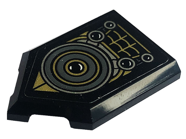 Tile, Modified 2 x 3 Pentagonal with Spider Web, Eyes and Dark Bluish Gray, Gold and Silver Circles Pattern (Sticker) - Set 76195