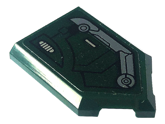 Tile, Modified 2 x 3 Pentagonal with Black Lines and Dark Bluish Gray, Dark Green and Silver Armor Plates Pattern Model Right Side (Sticker) - Set 76195