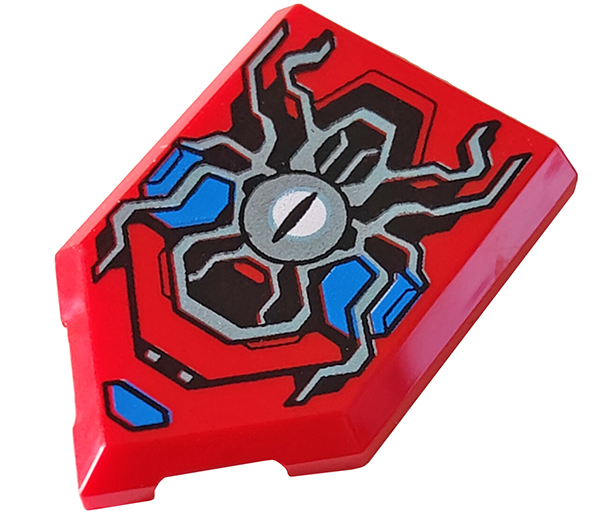 Tile, Modified 2 x 3 Pentagonal with Silver Spider, Eye and Blue Armor Plates Pattern