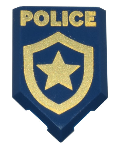 Tile, Modified 2 x 3 Pentagonal with Gold 'POLICE' and Star Badge Logo Pattern