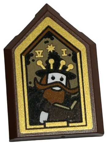 Tile, Modified 2 x 3 Pentagonal with Picture of Wizard with Book, Star and Roman Numerals in Gold Frame Pattern (Sticker) - Set 40577