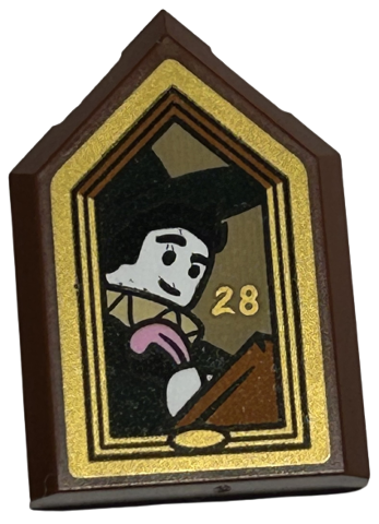 Tile, Modified 2 x 3 Pentagonal with Picture of Wizard with Bright Pink Plume Feather and Number 28 in Gold Frame Pattern (Sticker) - Set 40577