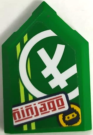 Tile, Modified 2 x 3 Pentagonal with Red 'ninjago', Ninjago Logogram Letter L, Ninja Head in Circle and Yellowish Green Stripes Pattern (Sticker) - Set 71709