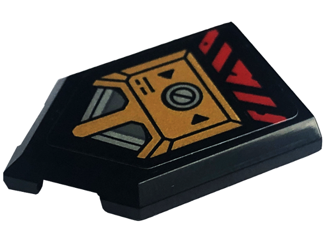 Tile, Modified 2 x 3 Pentagonal with Black Triangles, Silver Screw, Red Danger Stripes, and Gold Armor Plate Pattern (Sticker) - Set 71775