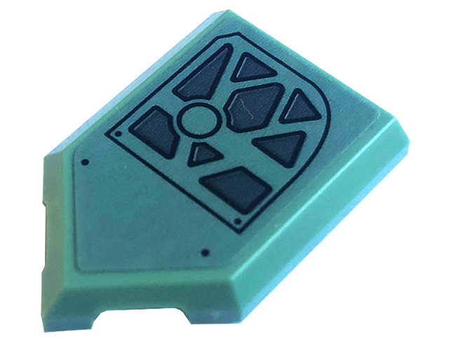 Tile, Modified 2 x 3 Pentagonal with Black Rivets, Circle, and Dark Bluish Gray Shapes Pattern Model Right Side (Sticker) - Set 75571