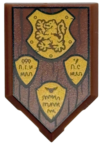 Tile, Modified 2 x 3 Pentagonal with Gold Quidditch Shields and Gryffindor Crest with Lion on Dark Brown Wood Grain Background in Black Frame Pattern