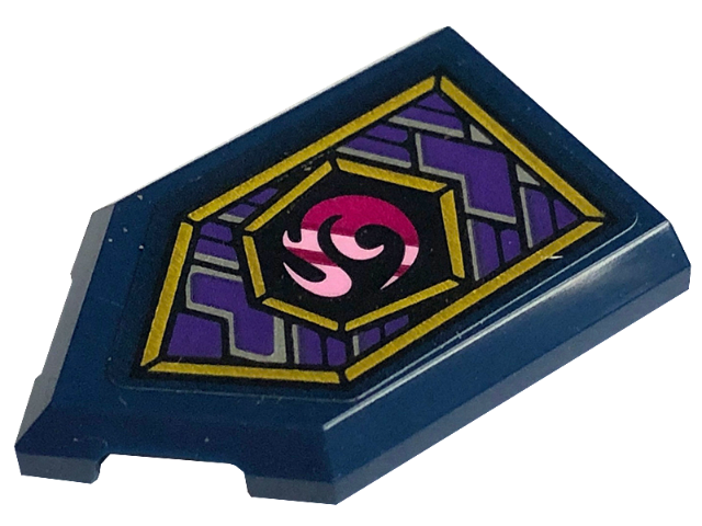 Tile, Modified 2 x 3 Pentagonal with Dark Purple Plates, Gold Frame, Magenta and Bright Pink Curly Symbol Pattern (Sticker) - Set 71771