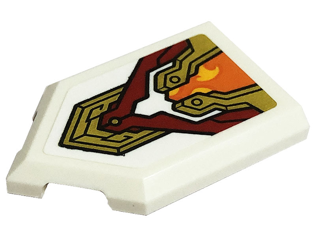 Tile, Modified 2 x 3 Pentagonal with Dark Red and Gold Armor Plates, Bright Light Orange and Orange Flames Pattern (Sticker) - Set 80034