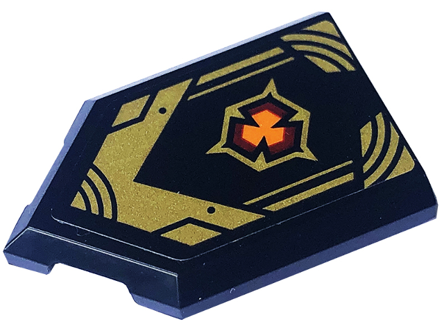 Tile, Modified 2 x 3 Pentagonal with Gold Lines, Armor Plates and Dark Red and Orange Emblem Pattern (Sticker) - Set 71793