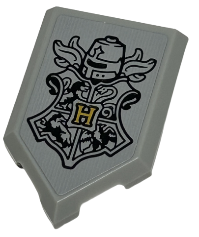 Tile, Modified 2 x 3 Pentagonal with Gold Capital Letter H, Black Hogwarts Crest, Helmet and Plume Feathers Pattern (Sticker) - Set 76413