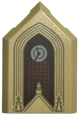 Tile, Modified 2 x 3 Pentagonal with Dark Tan Arches and Spires, Light Bluish Gray Clock, Reddish Brown Window with Dark Brown Lattice Pattern