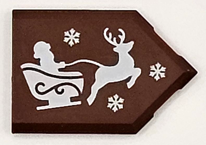 Tile, Modified 2 x 3 Pentagonal with White Santa, Sleigh, Reindeer and Snowflakes Pattern