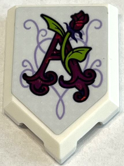 Tile, Modified 2 x 3 Pentagonal with Holographic Magenta Letter A, Rose with Lime Stems and Leaves on Lavender Scrollwork Pattern (Sticker) - Set 41162