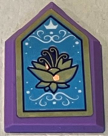 Tile, Modified 2 x 3 Pentagonal with Gold Holographic Frame and Lotus Flower, White Crown and Filigree on Medium Blue Background Pattern (Sticker) - Set 43193