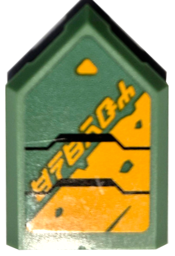 Tile, Modified 2 x 3 Pentagonal with Armor Plates with Black Outlines, Bright Light Orange Triangles and Ninjago Logogram 'ENERGY' Pattern Model Left Side (Sticker) - Set 71750