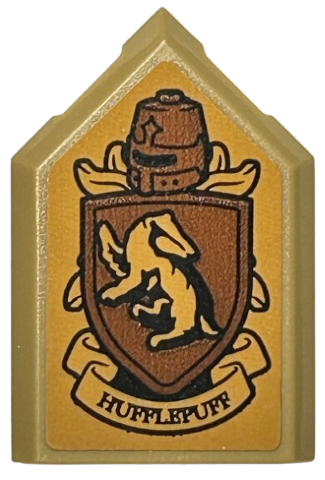 Tile, Modified 2 x 3 Pentagonal with Reddish Brown and Dark Orange Hufflepuff Shield, Helmet, Banner and Badger Pattern (Sticker) - Set 76412
