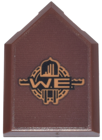 Tile, Modified 2 x 3 Pentagonal with Black and Medium Nougat 'W .E.' Wayne Enterprises Logo Pattern (Sticker) - Set 76271