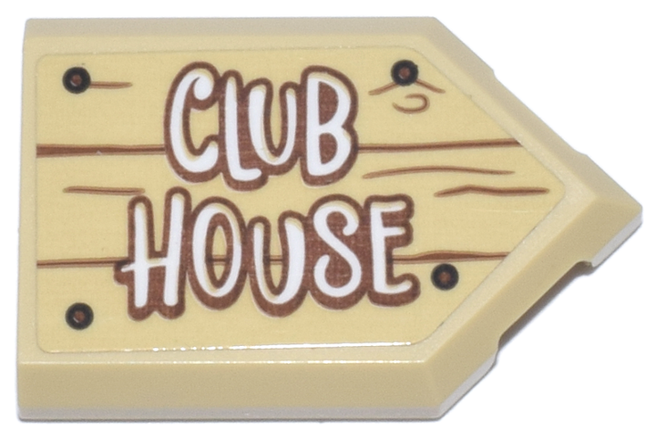 Tile, Modified 2 x 3 Pentagonal with Sign with Black Nails, Reddish Brown Wood Grain and White 'CLUB HOUSE' Pattern (Sticker) - Set 10339