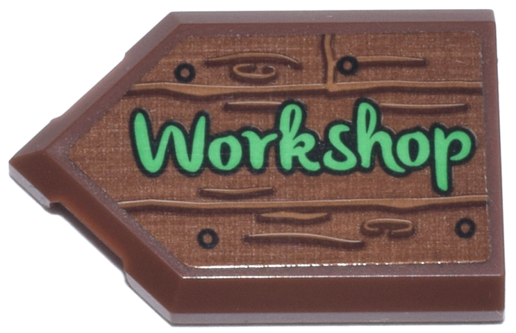 Tile, Modified 2 x 3 Pentagonal with Sign with Black Nails, Medium Nougat Wood Grain and Bright Green 'Workshop' Pattern (Sticker) - Set 10339