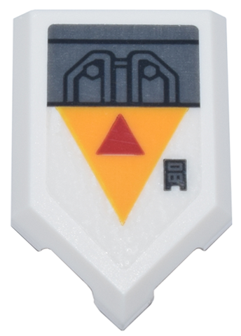 Tile, Modified 2 x 3 Pentagonal with Dark Silver Mechanical Panel and Button and Red and Bright Light Orange Triangles Pattern (Sticker) - Set 75357