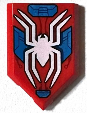 Tile, Modified 2 x 3 Pentagonal with White Spider, Blue Armor Plates, Dark Red Circuitry Pattern