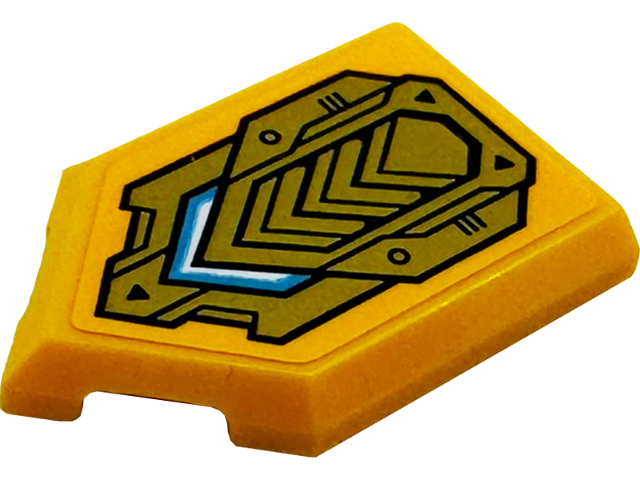 Tile, Modified 2 x 3 Pentagonal with Gold Armor Plates with White and Medium Azure Stripes Pattern (Sticker) - Set 71833