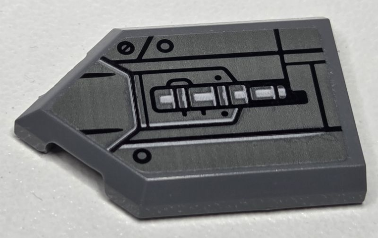 Tile, Modified 2 x 3 Pentagonal with Metal Plates, Black Screw, Rivets, Lines and Silver Mechanical Highlights Pattern (Sticker) - Set 76282