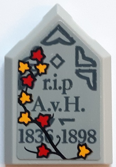 Tile, Modified 2 x 3 Pentagonal with Tombstone, Dark Bluish Gray 'r.i.p A.v.H. 1836-1898' and Leaves Pattern (Sticker) - Set 910049
