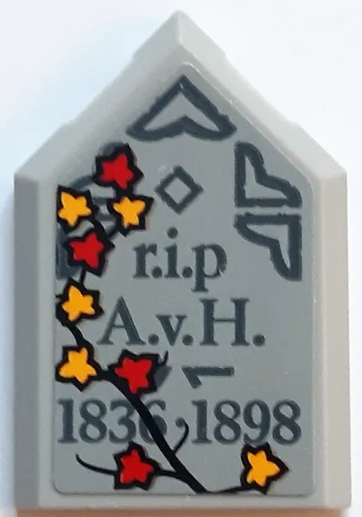 Tile, Modified 2 x 3 Pentagonal with Tombstone, Dark Bluish Gray 'r.i.p A.v.H. 1836-1898' and Leaves Pattern (Sticker) - Set 910049