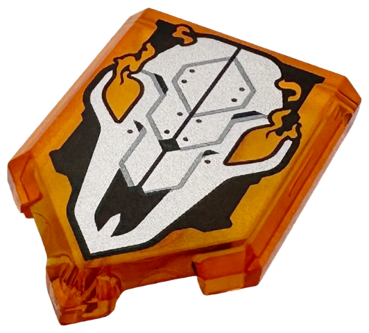 Tile, Modified 2 x 3 Pentagonal with Silver Skull with Rivets and Flames on Black Background Pattern