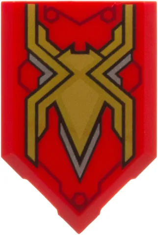 Tile, Modified 2 x 3 Pentagonal with Gold, Silver and Medium Nougat Stylized Spider and Dark Red Lines Pattern