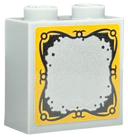 Brick, Modified 1 x 2 x 1 2/3 with Studs on Side with Silver Mirror with Black and Bright Light Orange Ornate Framed Border Pattern (Sticker) - Set 76410