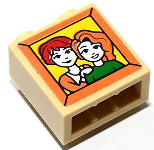 Brick, Modified 1 x 2 x 1 2/3 with Studs on Side with Picture of Girls, Green Sweater and Red Hair on Yellow Background in Orange Frame Pattern (Sticker) - Set 41730