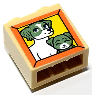 Brick, Modified 1 x 2 x 1 2/3 with Studs on Side with Picture of Sand Green and White Dogs on Yellow Background in Orange Frame Pattern (Sticker) - Set 41730