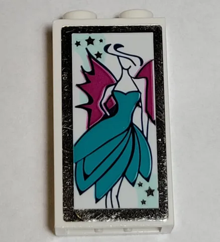 Brick 1 x 2 x 3 with Woman Wearing Dark Turquoise Dress and Magenta Wings, Mirrored Border Pattern (Sticker) - Set 41344