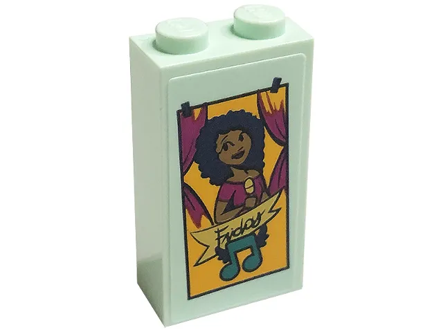 Brick 1 x 2 x 3 with Friends Minifigure Holding Microphone with Music Note and 'Friday' Pattern (Sticker) - Set 41449
