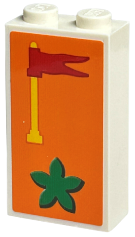 Brick 1 x 2 x 3 with Green Duplo Flower, Red Flag, and Yellow Antenna on Orange Background Pattern (Sticker) - Set 40574