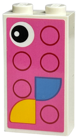 Brick 1 x 2 x 3 with Black Eye, Yellow and Medium Blue Quarter Tiles, and Magenta Circles on Dark Pink Background Pattern (Sticker) - Set 40574