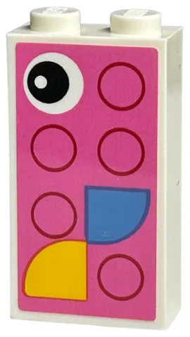 Brick 1 x 2 x 3 with Black Eye, Yellow and Medium Blue Quarter Tiles, and Magenta Circles on Dark Pink Background Pattern (Sticker) - Set 40574