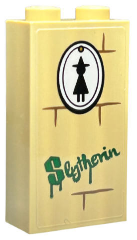 Brick 1 x 2 x 3 with White Oval Painting with Black Witch Silhouette, Medium Nougat Mortar and Green 'Slytherin' Graffiti Pattern (Sticker) - Set 76423