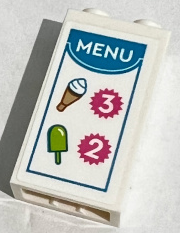 Brick 1 x 2 x 3 with 'MENU' with Lime and Medium Nougat Ice Creams and Numbers 2 and 3 in Magenta Serrated Circels with Dark Azure Frame Pattern (Sticker) - Set 60314