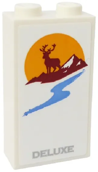 Brick 1 x 2 x 3 with Silver 'DELUXE', Bright Light Orange Sun, Medium Blue River, Reddish Brown Deer and Mountain Pattern (Sticker) - Set 60283