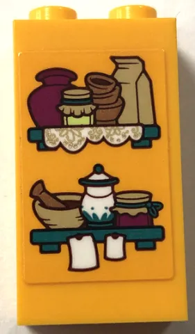 Brick 1 x 2 x 3 with Pots, Jars, Bowls, Mortar and Pestle and Notes on Dark Turquoise Shelves Pattern (Sticker) - Set 43202